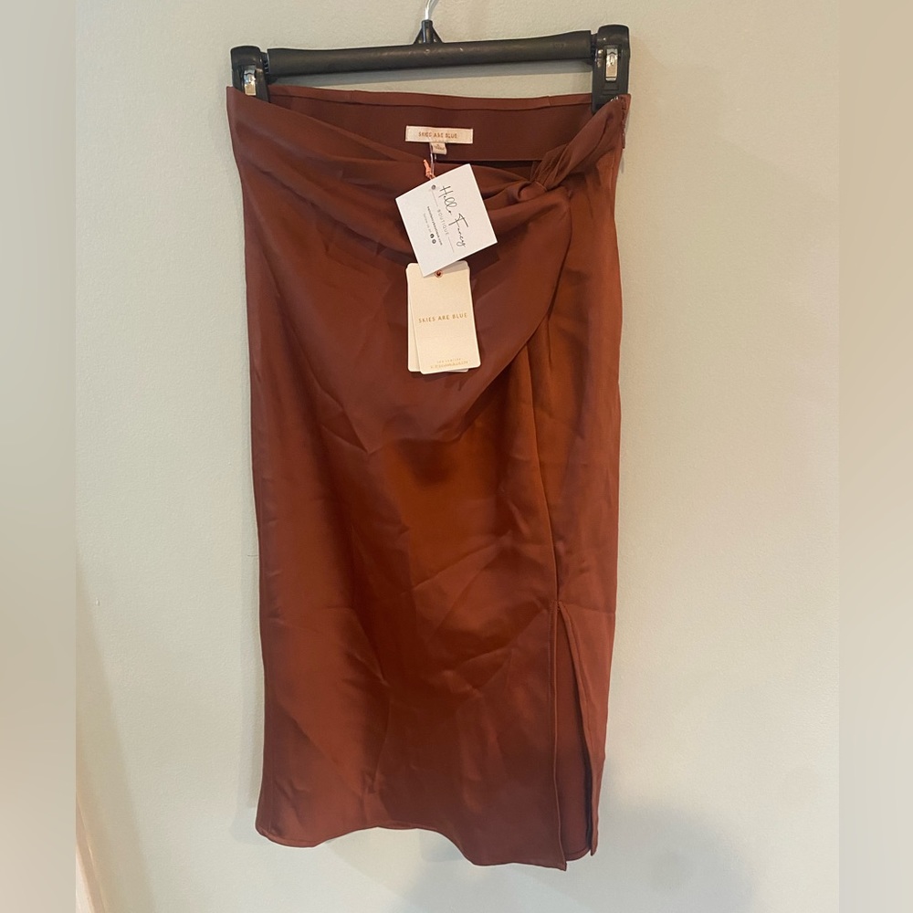 Skies Are Blue Rust Brown Midi Satin Wrap Skirt